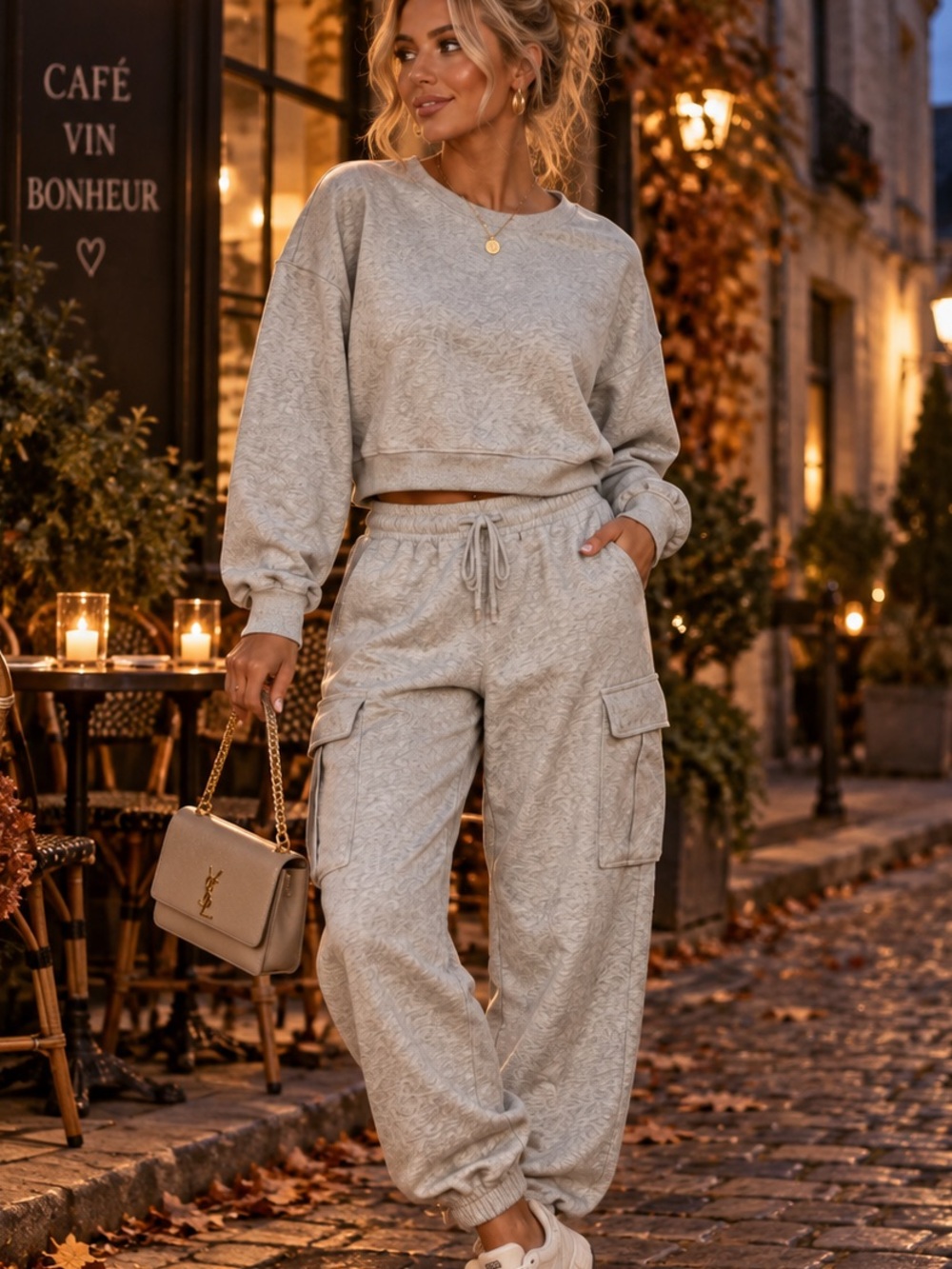 Harmony Balance Oversized Cotton Blend Lounge Set Heather Grey Cargo Jogger Set